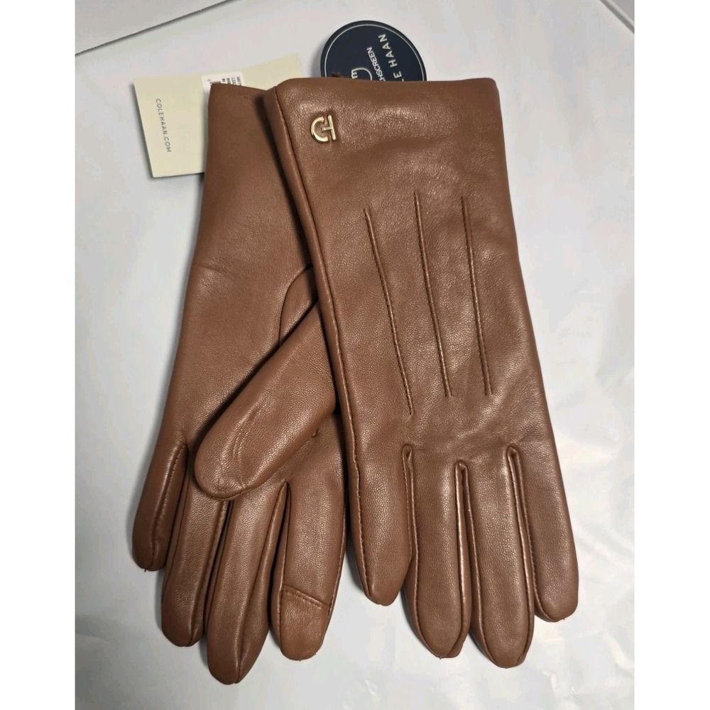 Cole‎ Haan New Women Leather Gloves  M British Tan Brown Touch Screen Tip NWT